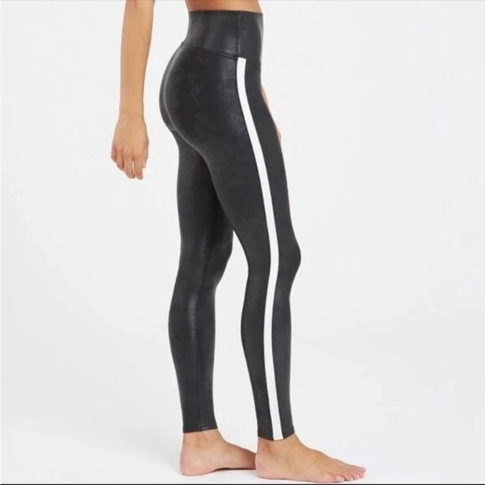 SPANX Faux Leather Side Stripe Leggings High Waisted Black & White Size Medium